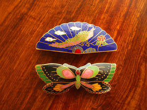 八十年代*景泰蓝老货铜胎镀金孔雀蝴蝶发卡(23)