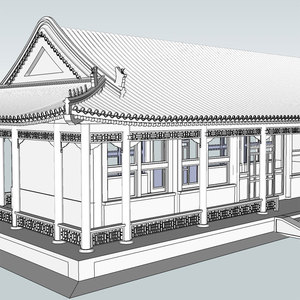 江南园林风单檐歇山卷棚屋顶大殿精细构件组件古建su模型素材