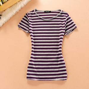 纯棉女t恤2014夏季新款外贸原单女装修身全棉相拼条纹针织短袖t恤