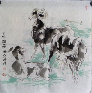 杨万民国画花鸟三阳开泰羊水墨羊山羊全家福三只小羊纯手绘客厅就