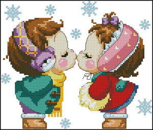 小小鱼埃及棉a2522雪地亲吻爱情侣小孩精准印花布十字绣卡通套2