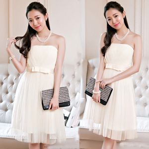 新款抹胸褶皱短款公主裙伴娘姐妹礼服连衣裙女香槟色