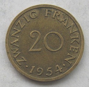 1954年德占萨尔州硬币20分(23.5mm)
