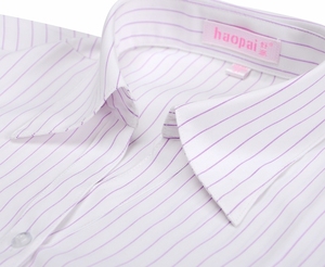正品好派工装短袖衬衫女士紫色条纹V领修身纯棉职业装半袖衬衣夏