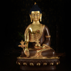 藏传佛教品 国产精品仿尼泊尔半鎏金铜佛像 三宝佛药师佛 10寸
