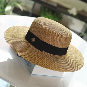 金丝草帽春天夏季帽子遮阳帽平顶宽檐草帽欧美时尚复古金色草帽