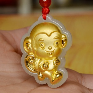 黄金猴子生肖吊坠男女款足金挂坠天然和田玉大眼猴金镶玉项链饰品