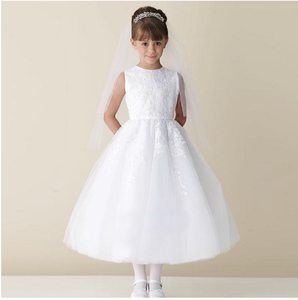 长款儿童礼服演出服公主群生日礼服女童白色礼服高档蕾丝白色礼服