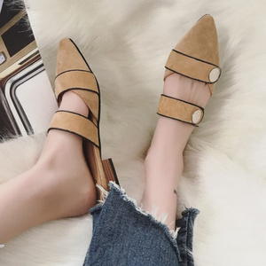 2017春夏新款鹿皮拼色大扣子尖头女拖欧美街拍半拖好搭款平底拖鞋