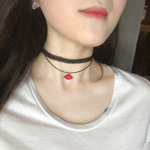 红唇项链蕾丝颈饰锁骨链女韩国性感黑色颈带项圈脖链双层choker