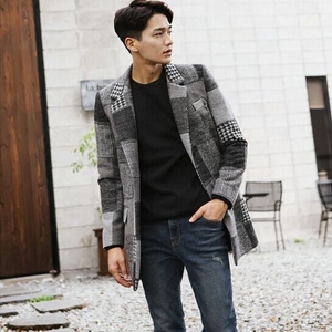 冬季韩国男装外套韩版潮流青年时尚修身拼接男士中长款毛呢子大衣