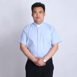 基督教衬衫 长老衬衫 立领牧师服 基督圣衣服饰 紫色/浅蓝色 短袖