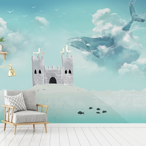 北欧简约手绘梦幻鲸鱼5d墙画壁纸定制 儿童卡通城堡背景墙5d打印
