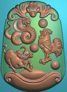 贵人三合鸡牛蛇  精雕图 浮雕图 灰度图 白玉雕图