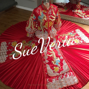 夏季新娘坐床大摆秀禾服中式婚纱礼服中袖古装嫁衣龙