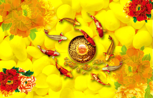 风景画九鱼九龙图旺财 家居装饰画牡丹鲤鱼客厅风水画海报j7028b