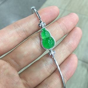 纯天然a货翡翠白金镶嵌翠葫芦手链 手镯