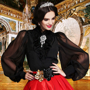 法国贵族精纺宫廷复古灯笼袖立领真丝衬衣大码衬衫女2020春装新款