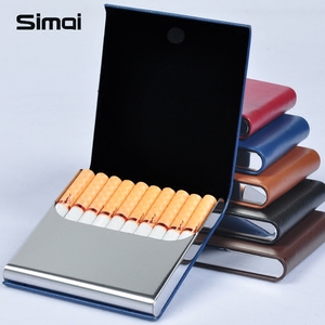 时尚男士10支装超薄烟盒个性创意不锈钢贴皮真皮香於烟夹翻盖烟盒