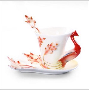 景德镇七彩珐琅瓷火凤凰咖啡杯套装 陶瓷器情侣雕塑单杯