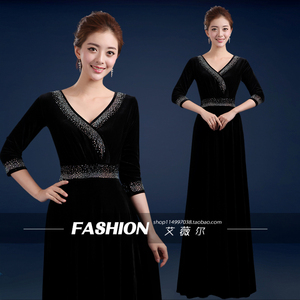 大合唱演出服礼服高级弹力丝绒指挥服女长袖演出服合唱服装女长裙