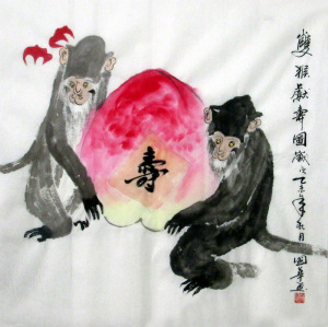 陈国华真迹手绘国画书画四尺斗方客厅写意猴子祝寿礼品花鸟画gh7
