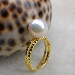 9-10mm 天然强光淡水珍珠戒指 9K纯黄金戒指 女