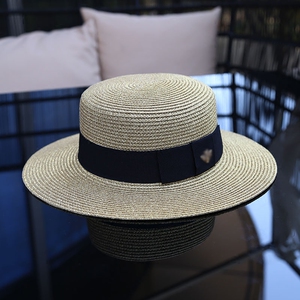 复古金色编织草帽小蜜蜂女士春夏欧美时尚宽檐防晒出游遮阳平顶帽