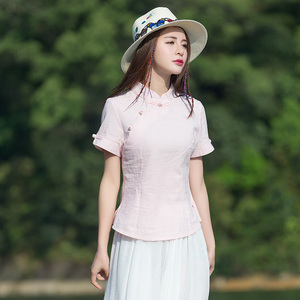 中国风复古江南民国风女装 夏季棉麻短袖 气质小立领盘扣文艺衬衫