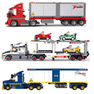 中国积木城市系列平板卡车大型集装箱牵引拖车双层运输车拼装玩具