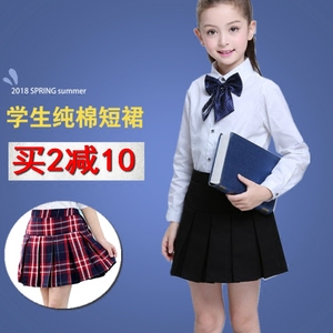 女童百褶裙半身裙春夏儿童纯棉小学生演出校服裙中大童红格短裙黑