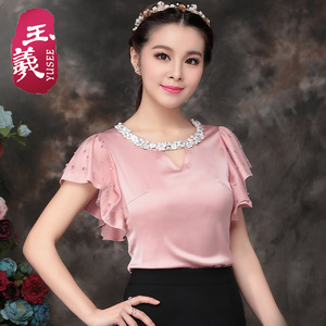 玉羲粉色甜美雪纺衫女短袖2016夏季新款修身显瘦上衣气质圆领