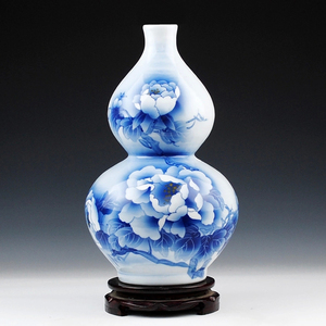 景德镇陶瓷器 名人名作吴文瀚手绘青花瓷葫芦瓶 花开富贵收藏证书