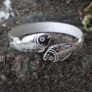 大理雪银阁s999苍山雪花银高端手工艺打制双鱼纯银手镯