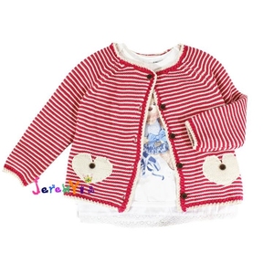 婴儿女童宝宝红色条纹开衫爱心口袋粗毛线针织衫棉线衣3-4岁