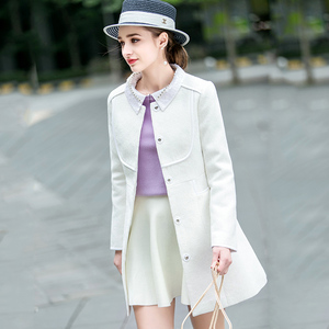 欧芮儿2016春装新款女装气质白色中长款蕾丝外套女直筒单排扣