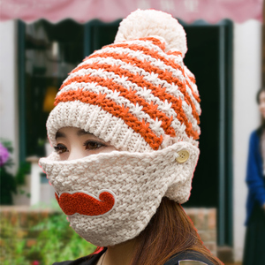帽子女士冬天韩版潮针织毛线帽秋冬季保暖胡子口罩帽韩国加厚护耳