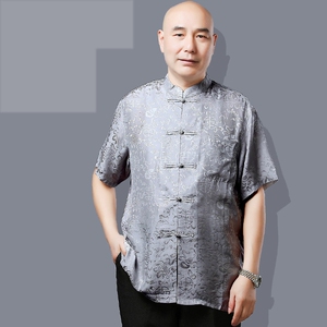 葫芦中老年唐装 男 真丝古典 短袖 桑蚕丝衬衫男休闲丝绸半袖衬衣