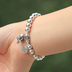 s925纯银笑脸招财猫手链女款简约复古泰银手工原创银珠子转运手串