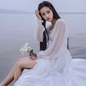 【ur】唯美复古摄影白纱连衣裙纯白色气质仙女长裙森女长款大裙摆