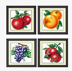 纯手工十字绣桔子紫葡萄水滴苹果水果3联画27*25中格成品现货包邮