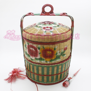 潮汕传统婚嫁娶用品纯手工两层春盛 二层春盛手绘潮州花篮竹篮子