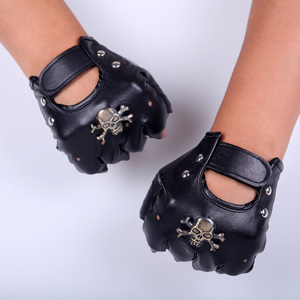 摇滚露指骷髅头演出手套真皮朋克手套街舞个性非主流半指手套男潮