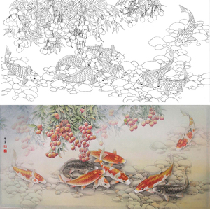 工笔画白描底稿九鱼图孙锡之荔枝鲤鱼66*132白纸打印稿含彩图a163