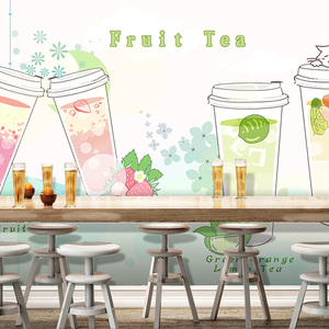 奶茶冷饮店鲜果茶墙纸小清新休闲水吧饮品店背景墙雪糕小吃壁纸