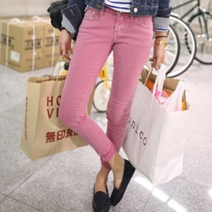 HM牛仔裤2016春装新款韩版弹力修身小脚裤粉色铅笔裤子女式长裤