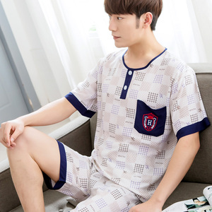 春夏绵绸短袖薄款大码男士人造棉绸套装韩版圆领棉绸学生家居服