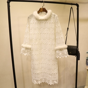 [转卖]韩国代购秋冬新款时尚加绒保暖白色蕾丝连衣裙大码中长款