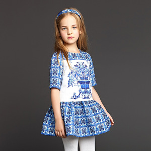 欧美高端童装 春秋款 中大童 女童学院风连衣裙 青花瓷童裙公主裙
