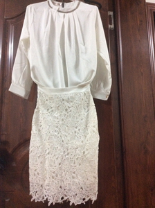 全新套装圆领长袖夏季包臀裙半身裙连衣裙蕾丝雪纺白色可以赠白色